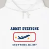 admit-everyone-hoodie-white-chest-v1 Admit Everyone design on the Comfort Colors 1467 hoodie in White, close-up of the print