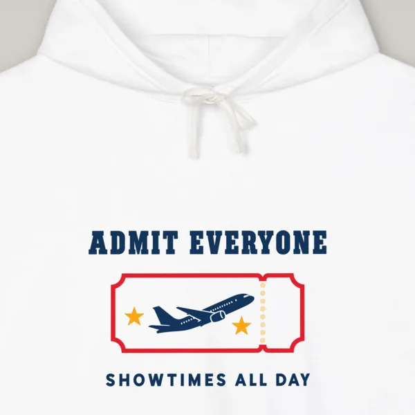 admit-everyone-hoodie-white-chest-v1 Admit Everyone design on the Comfort Colors 1467 hoodie in White, close-up of the print