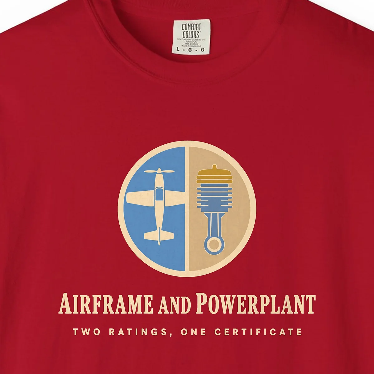 Airframe and Powerplant Tee in Red, close-up