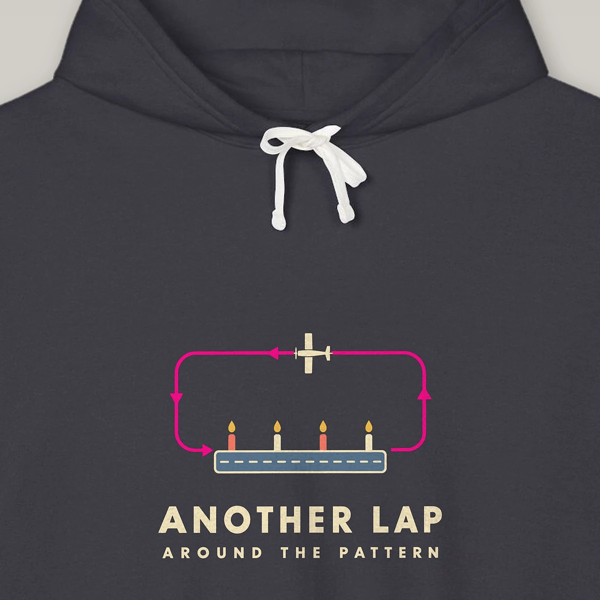 Another Lap Birthday design on the Comfort Colors 1467 hoodie in Black, close-up of the print