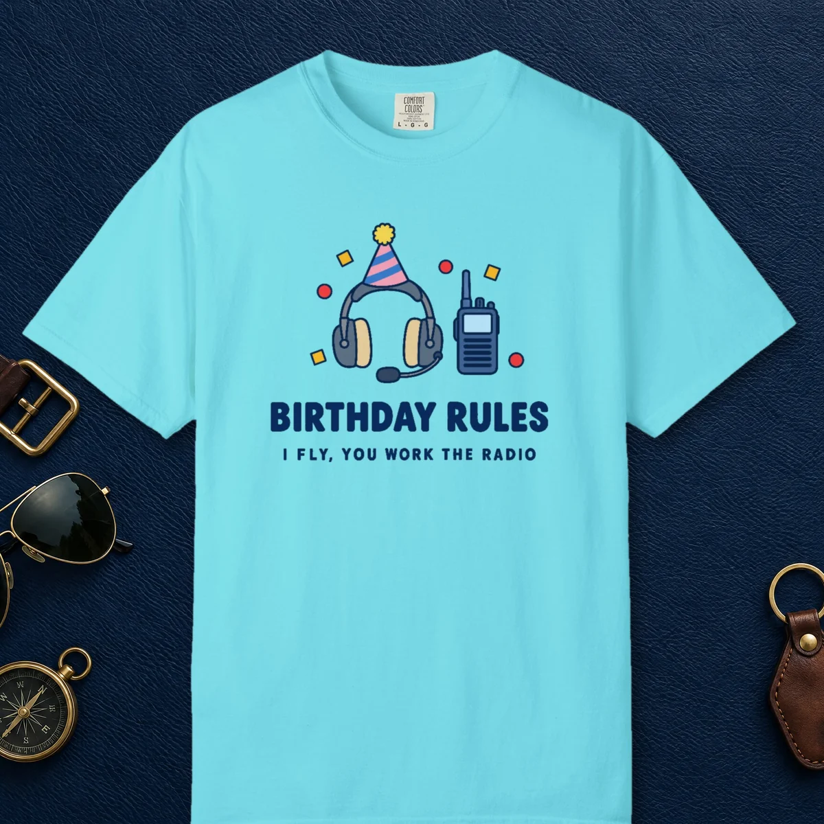 Birthday Rules Tee in Lagoon Blue, front view