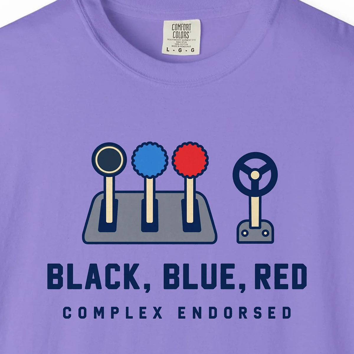 Black Blue Red Tee in Violet, close-up