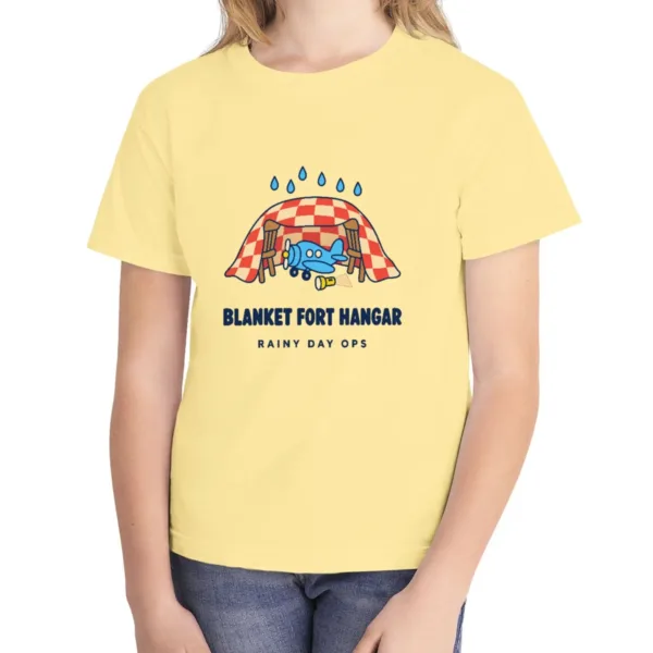 blanket-fort-hangar-kids-tee-butter-front Blanket Fort Hangar kids tee in Butter, Comfort Colors 9018 youth tee, front view