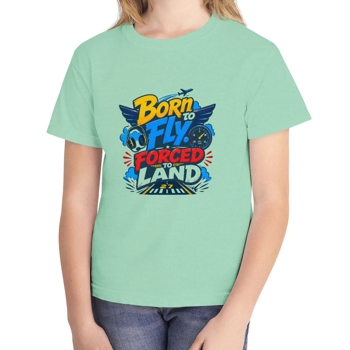 Born to Fly Bold Wings kids tee in Island Reef, Comfort Colors 9018 youth tee, front view