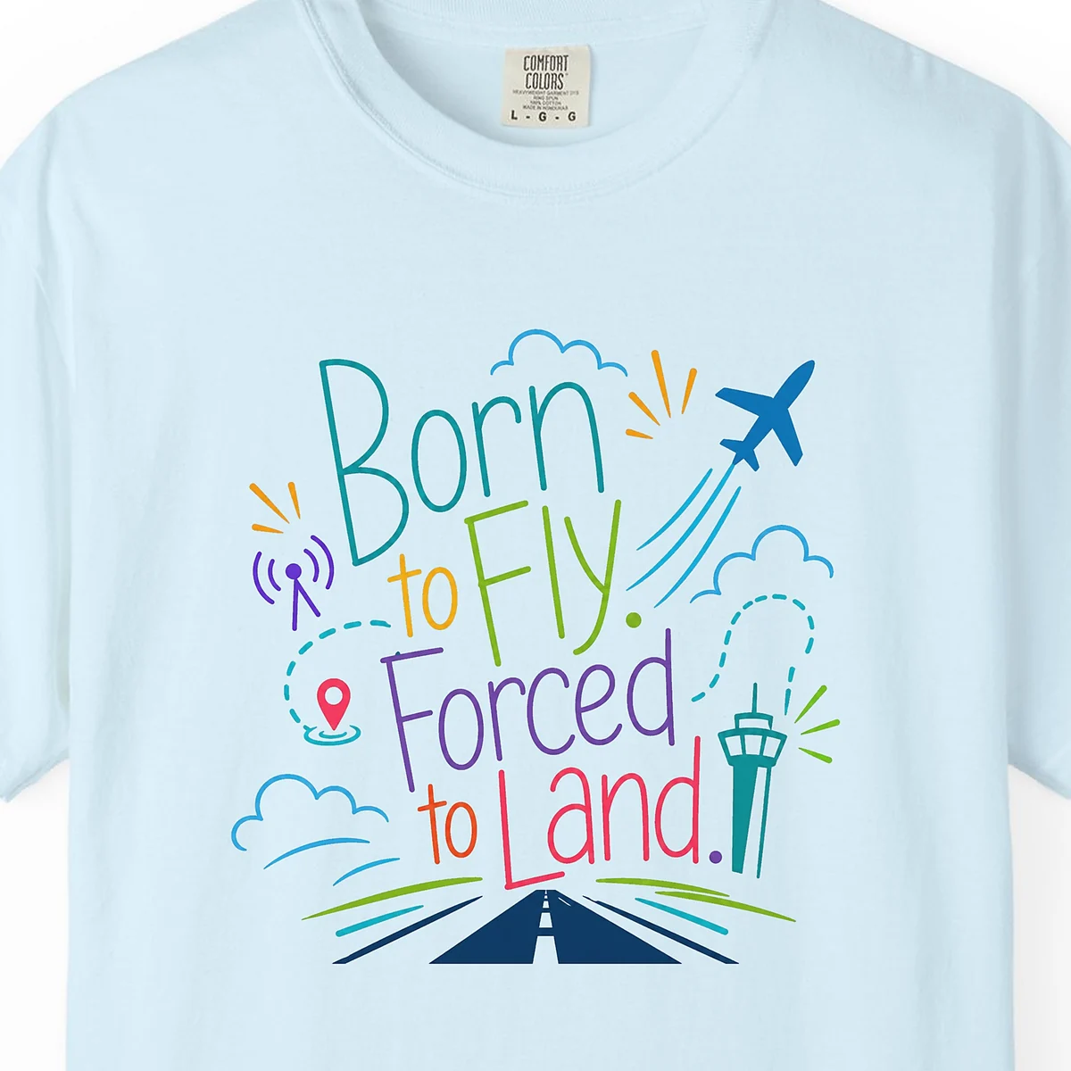 Born to Fly Pastel Tee in Chambray, close-up