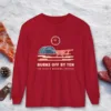 burns-off-by-ten-long-sleeve-tee-red-front Burns Off by Ten design on a Red Comfort Colors 6014 long-sleeve tee, front view