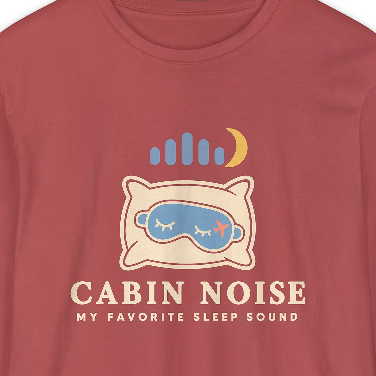 Cabin Noise design on a Crimson Comfort Colors 6014 long-sleeve tee, close-up of the print