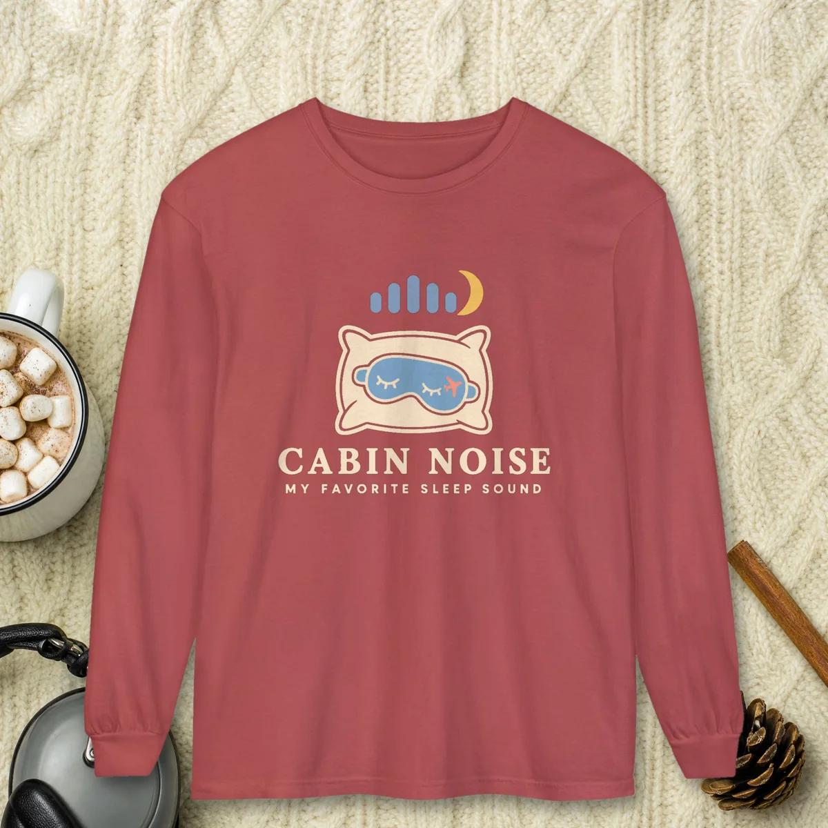 Cabin Noise design on a Crimson Comfort Colors 6014 long-sleeve tee, front view