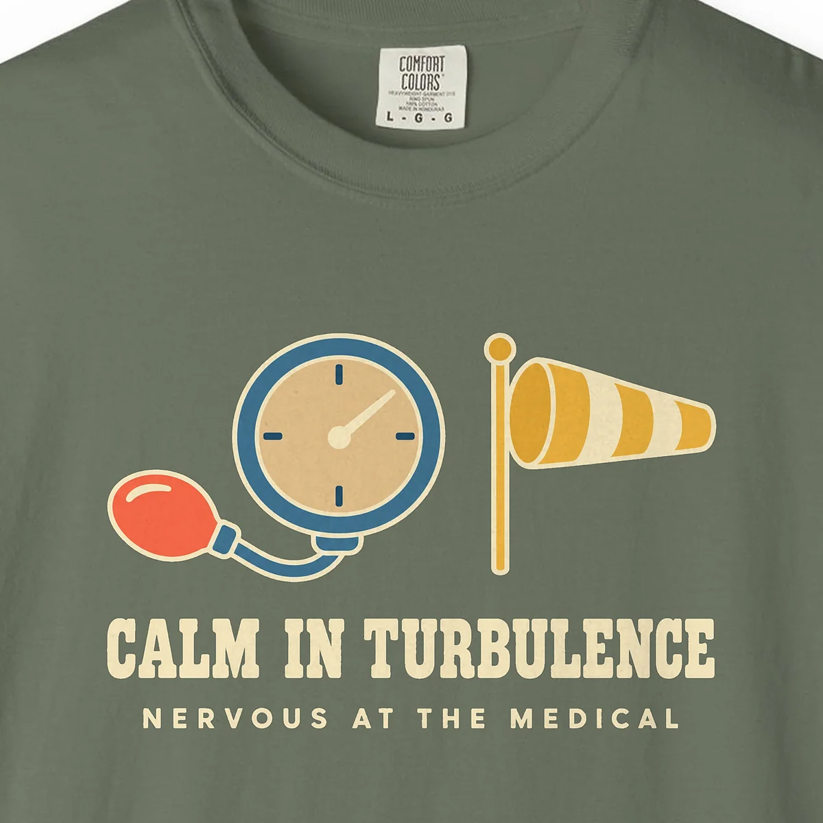 Calm in Turbulence Tee in Moss, close-up