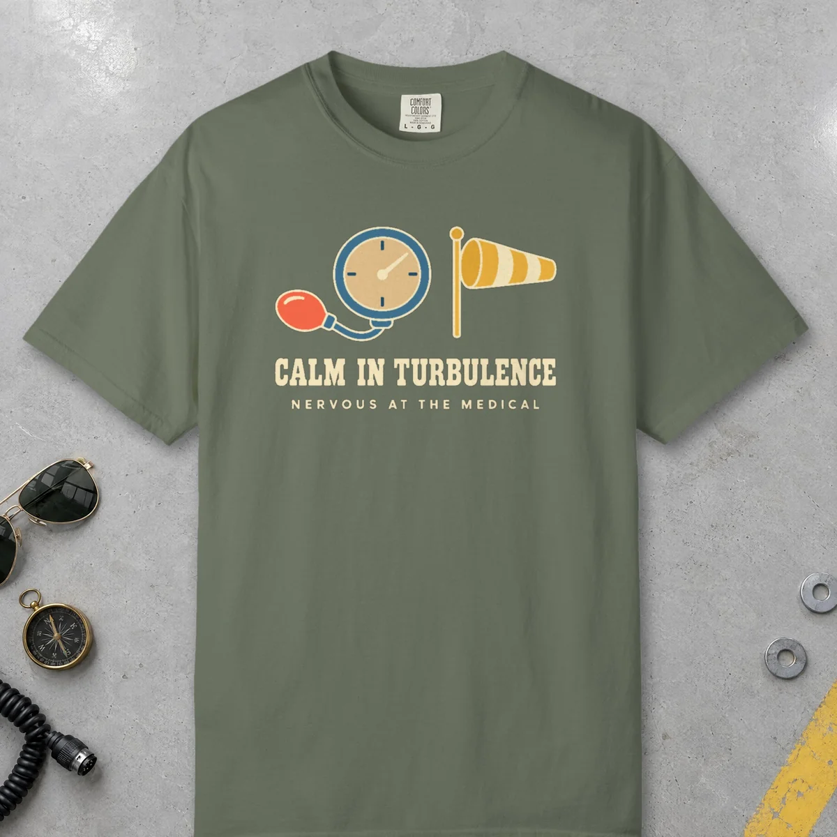 Calm in Turbulence Tee in Moss, front view