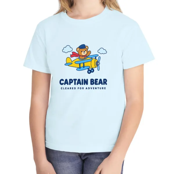 Captain Bear kids tee in Chambray, Comfort Colors 9018 youth tee, front view