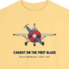 Close-up of the Caught on the First Blade design printed on a Butter Comfort Colors 1566 sweatshirt, with the ribbed collar