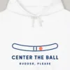 Center the Ball design on the Comfort Colors 1467 hoodie in White, close-up of the print