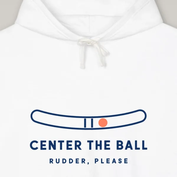 Center the Ball design on the Comfort Colors 1467 hoodie in White, close-up of the print