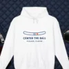 Center the Ball design on the Comfort Colors 1467 hoodie in White, front view