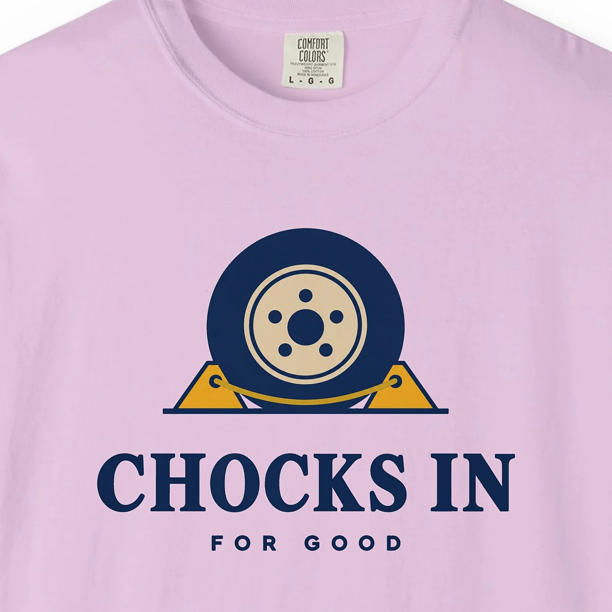 chocks-in-for-good-tee-orchid-chest Chocks In for Good Tee in Orchid, close-up