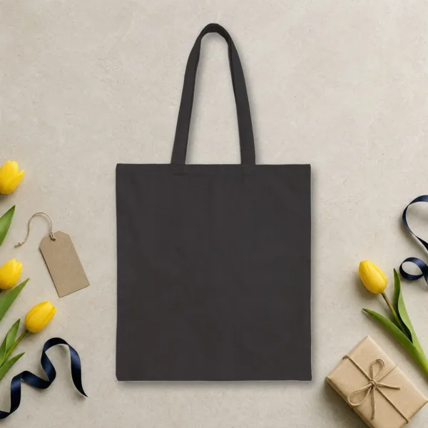Plain back of the black canvas tote with the City Lights Below design, printed on the front only