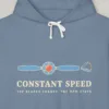 Constant Speed design on the Comfort Colors 1467 hoodie in Blue Jean, close-up of the print