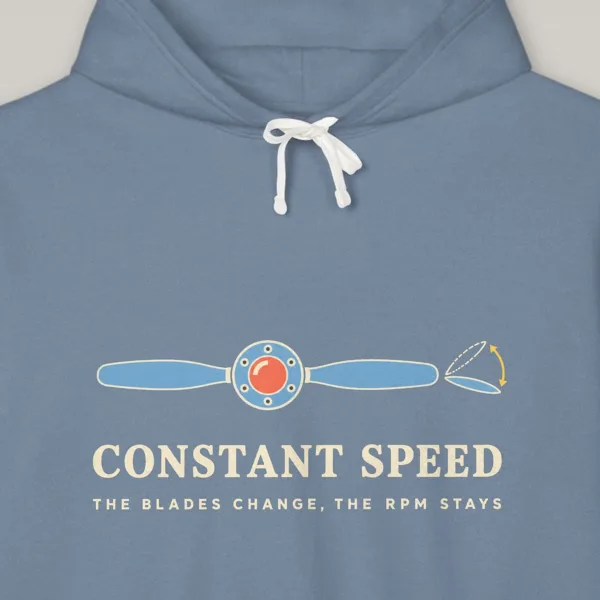 Constant Speed design on the Comfort Colors 1467 hoodie in Blue Jean, close-up of the print