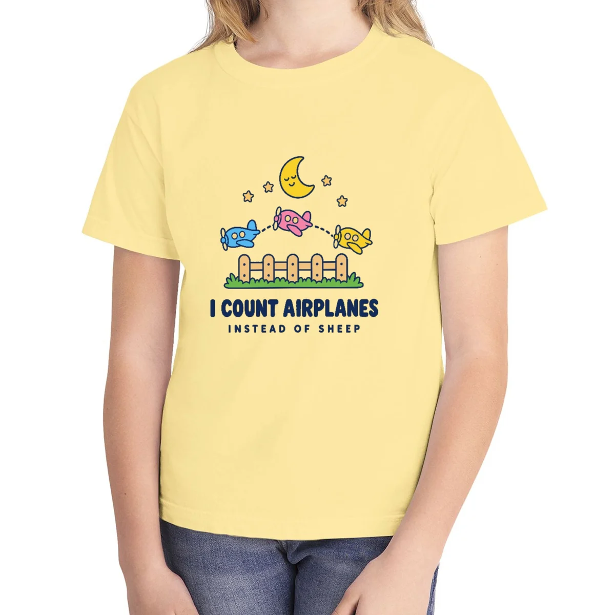 Counting Airplanes kids tee in Butter, Comfort Colors 9018 youth tee, front view