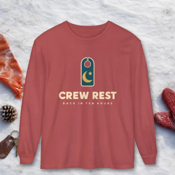 Crew Rest design on a Crimson Comfort Colors 6014 long-sleeve tee, front view