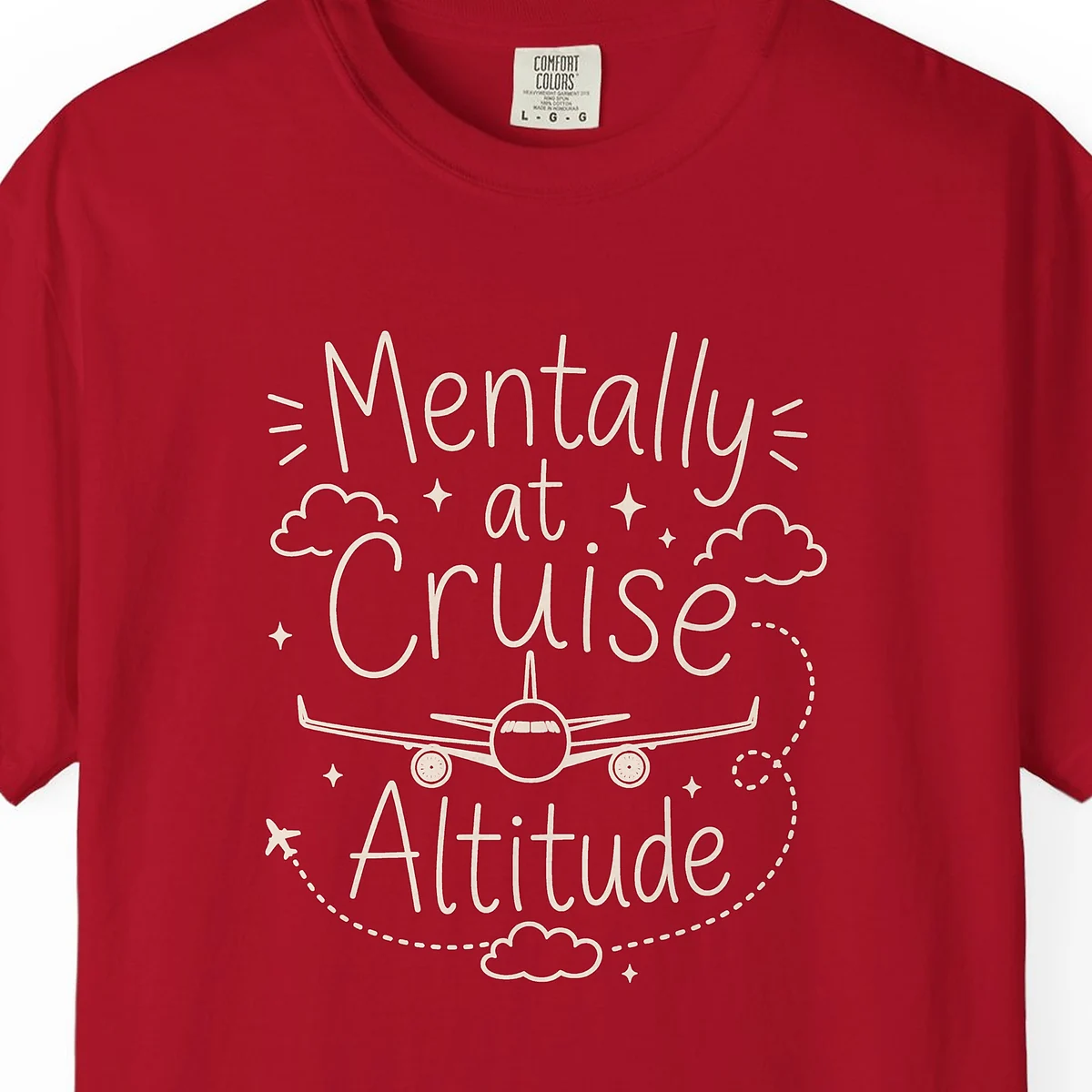 Cruise Altitude Airliner Night Tee in Red, close-up