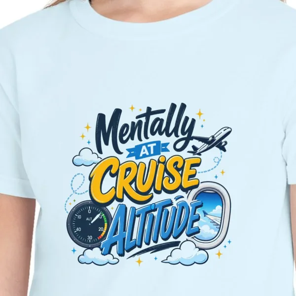 Close-up of the Cruise Altitude Cockpit Window design on the Chambray kids tee, Comfort Colors 9018 youth tee, with the neckline
