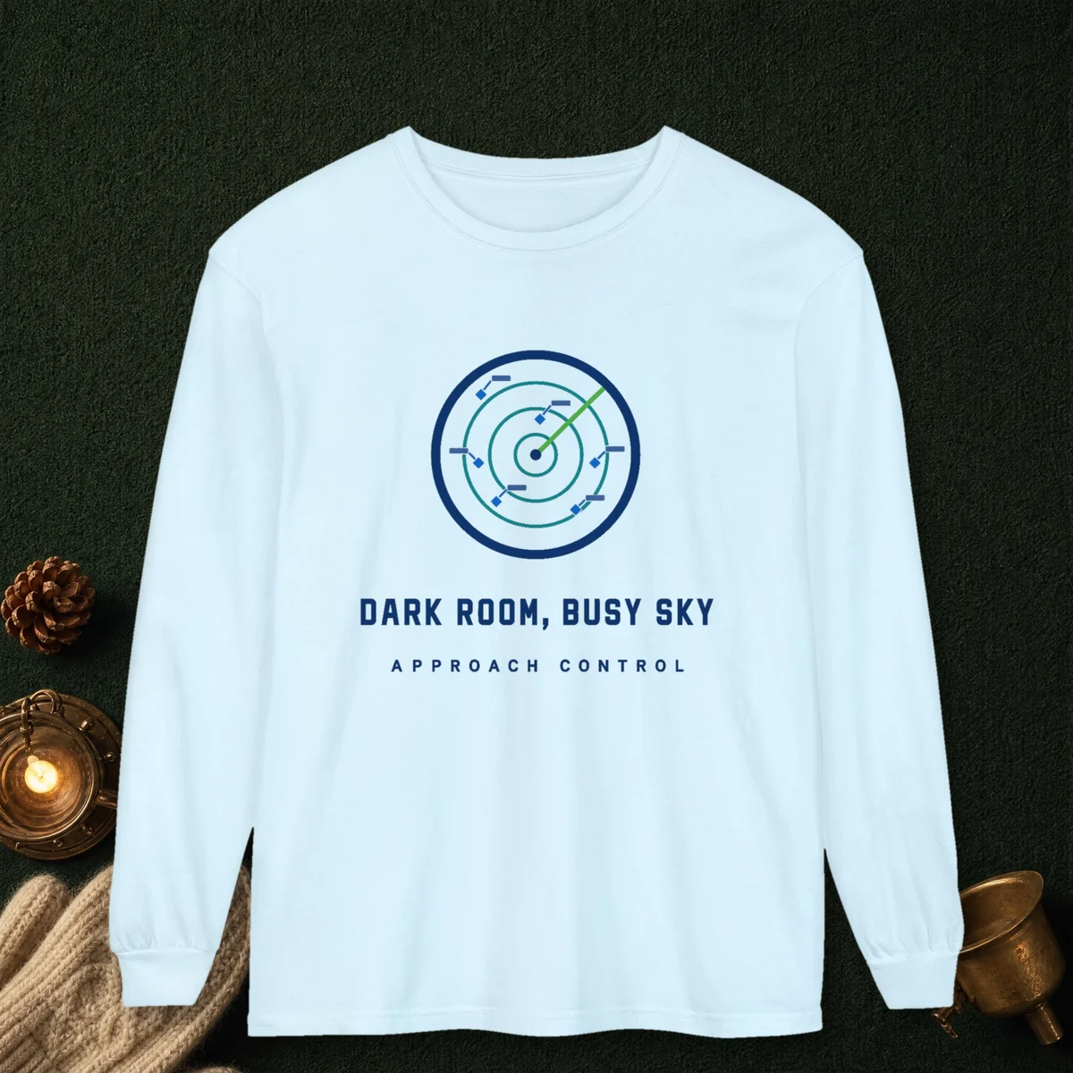 Dark Room Busy Sky design on a Chambray Comfort Colors 6014 long-sleeve tee, front view