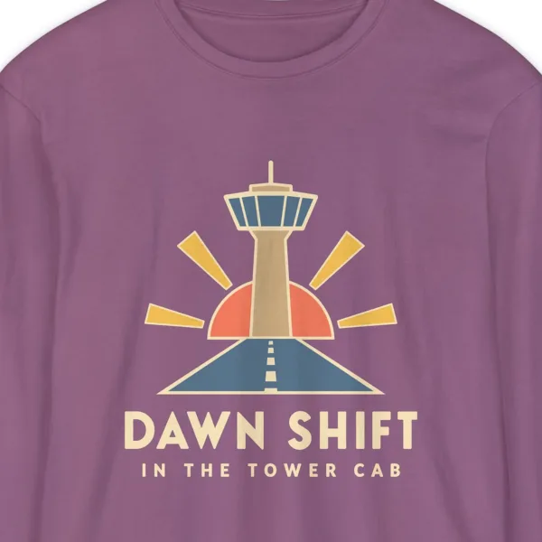 dawn-shift-tower-long-sleeve-tee-berry-chest Dawn Shift Tower design on a Berry Comfort Colors 6014 long-sleeve tee, close-up of the print