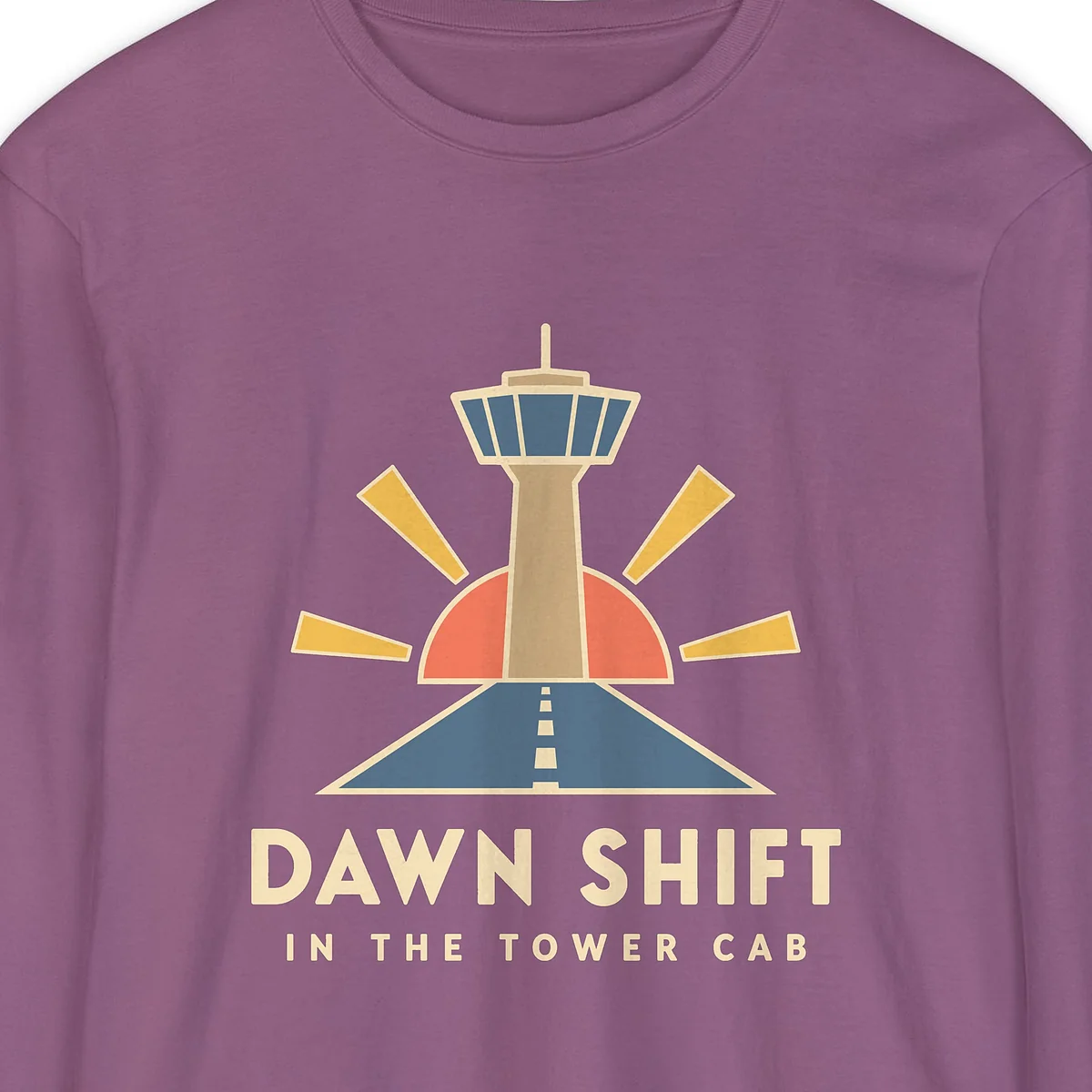 Dawn Shift Tower design on a Berry Comfort Colors 6014 long-sleeve tee, close-up of the print