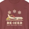 De-Iced and Heading Home design on a Brick Comfort Colors 6014 long-sleeve tee, close-up of the print