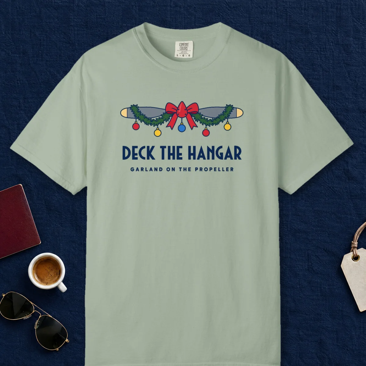 Deck the Hangar Tee in Bay, front view