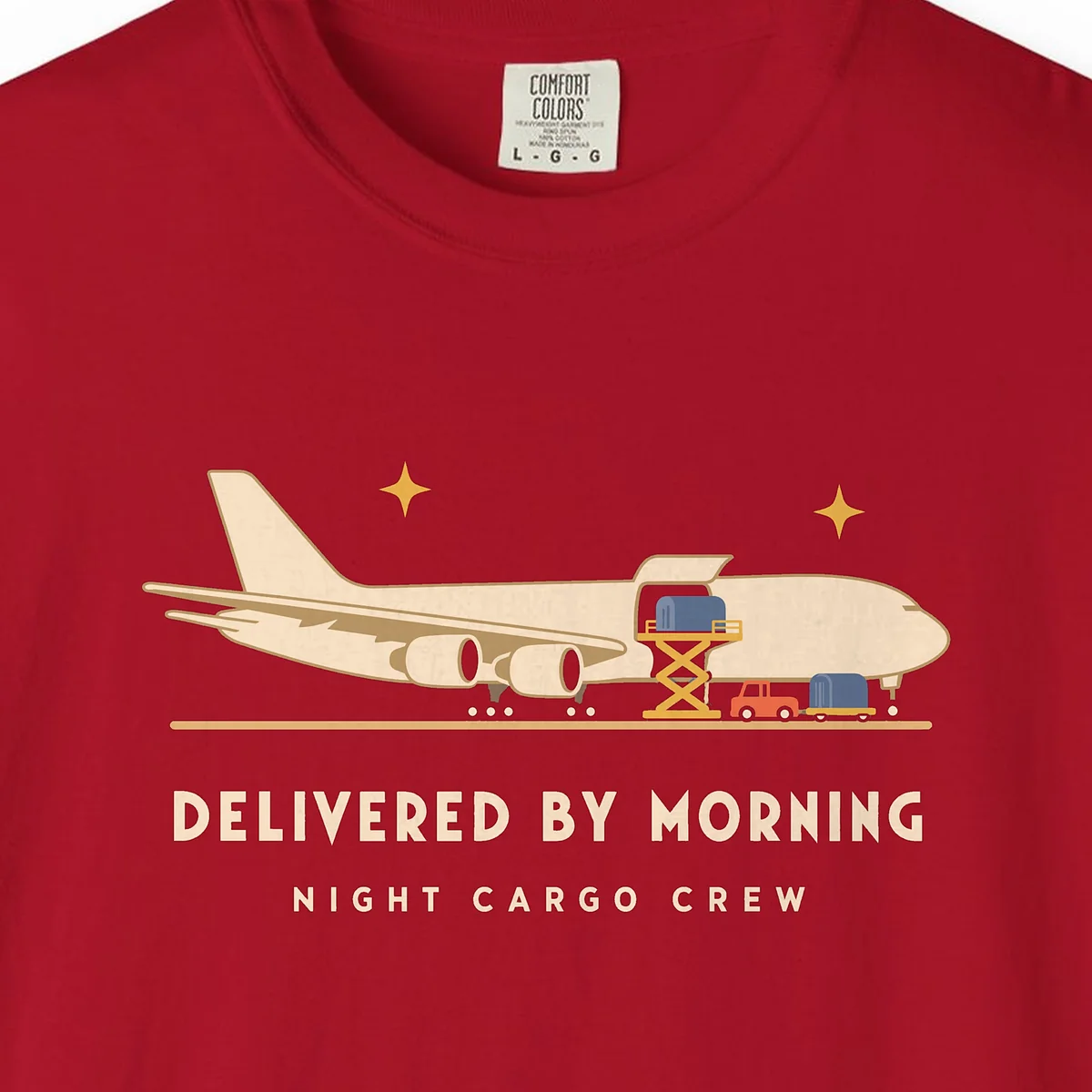delivered-by-morning-tee-red-chest Delivered by Morning Tee in Red, close-up