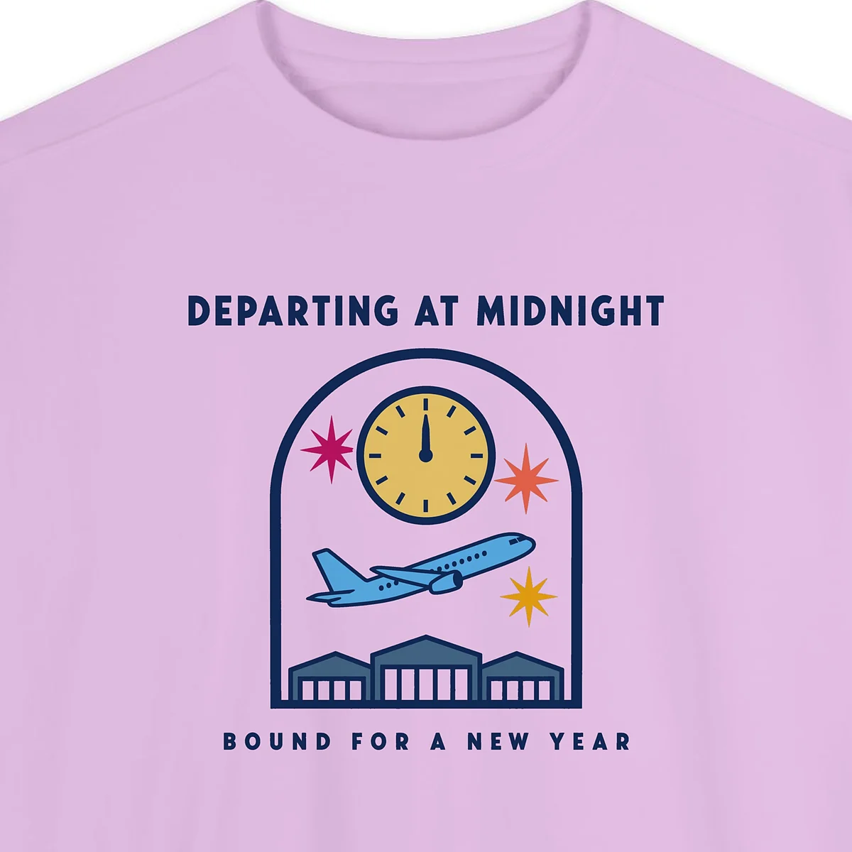 Close-up of the Departing at Midnight design printed on a Orchid Comfort Colors 1566 sweatshirt, with the ribbed collar