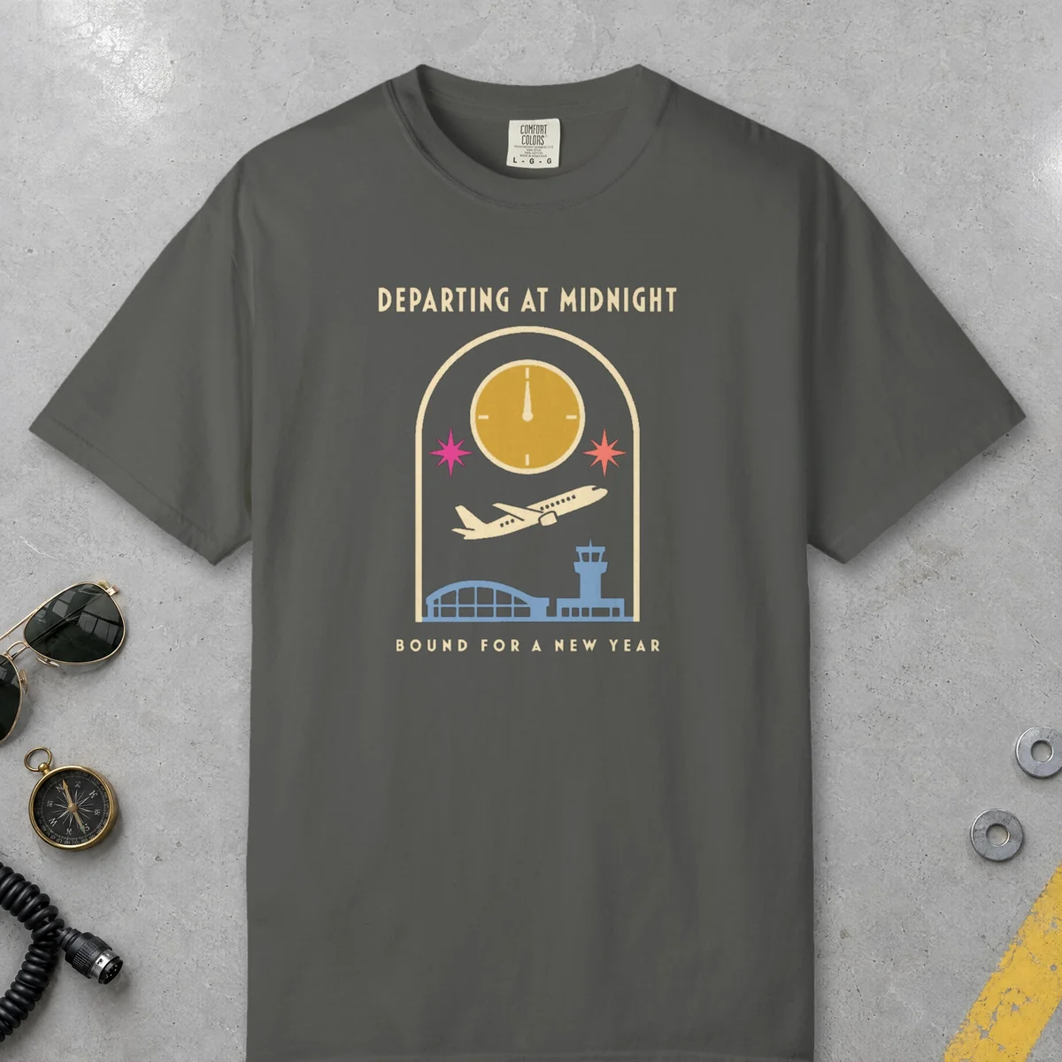 Departing at Midnight Tee in Pepper, front view