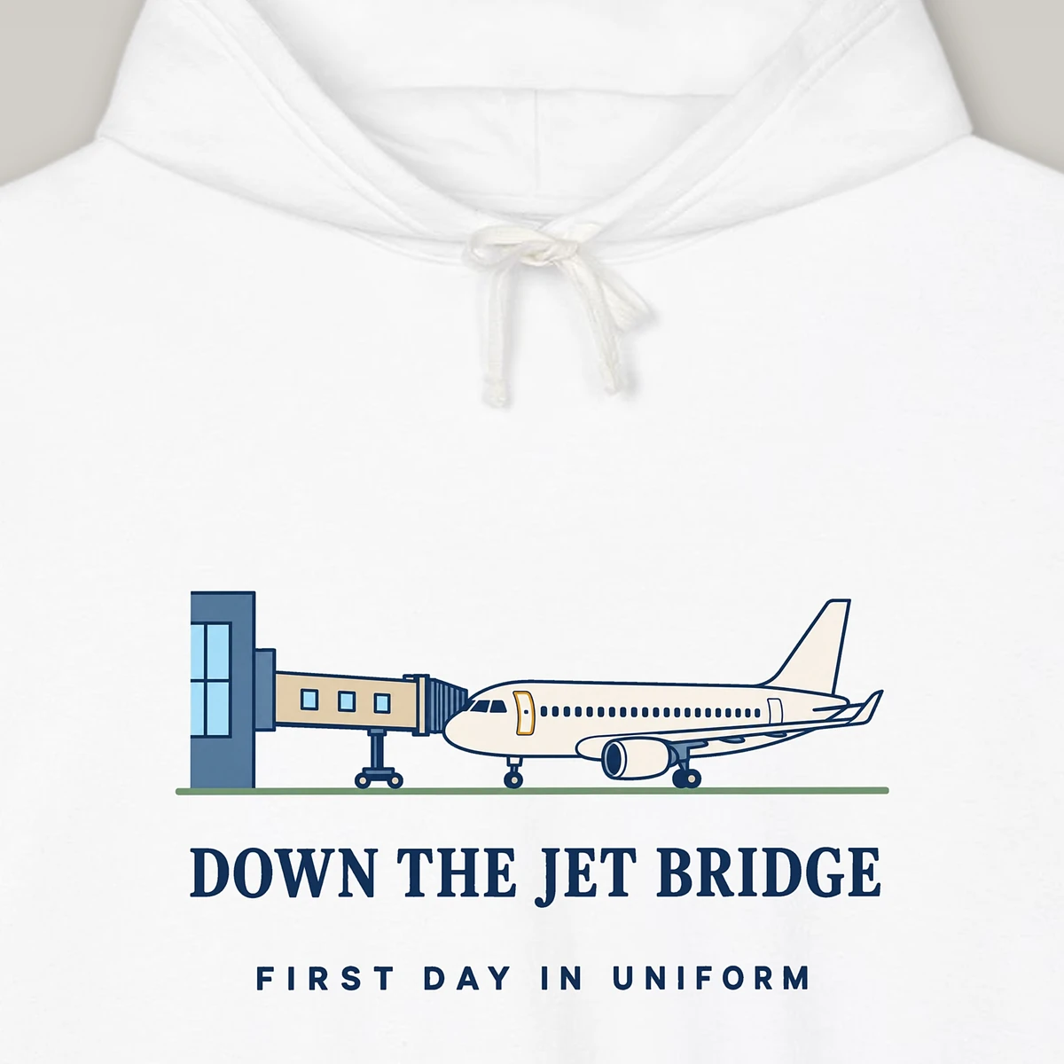 Down the Jet Bridge design on the Comfort Colors 1467 hoodie in White, close-up of the print