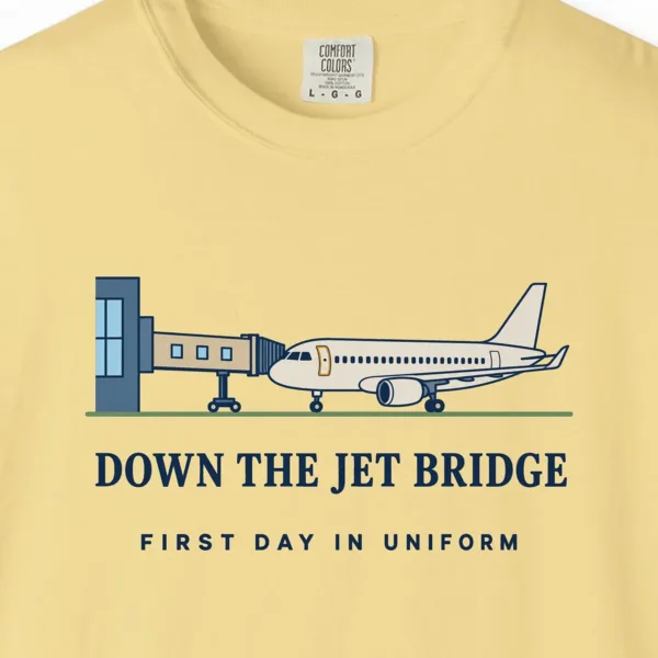 down-the-jet-bridge-tee-butter-chest Down the Jet Bridge Tee in Butter, close-up