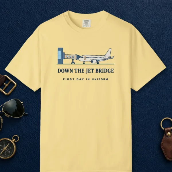 down-the-jet-bridge-tee-butter-front Down the Jet Bridge Tee in Butter, front view
