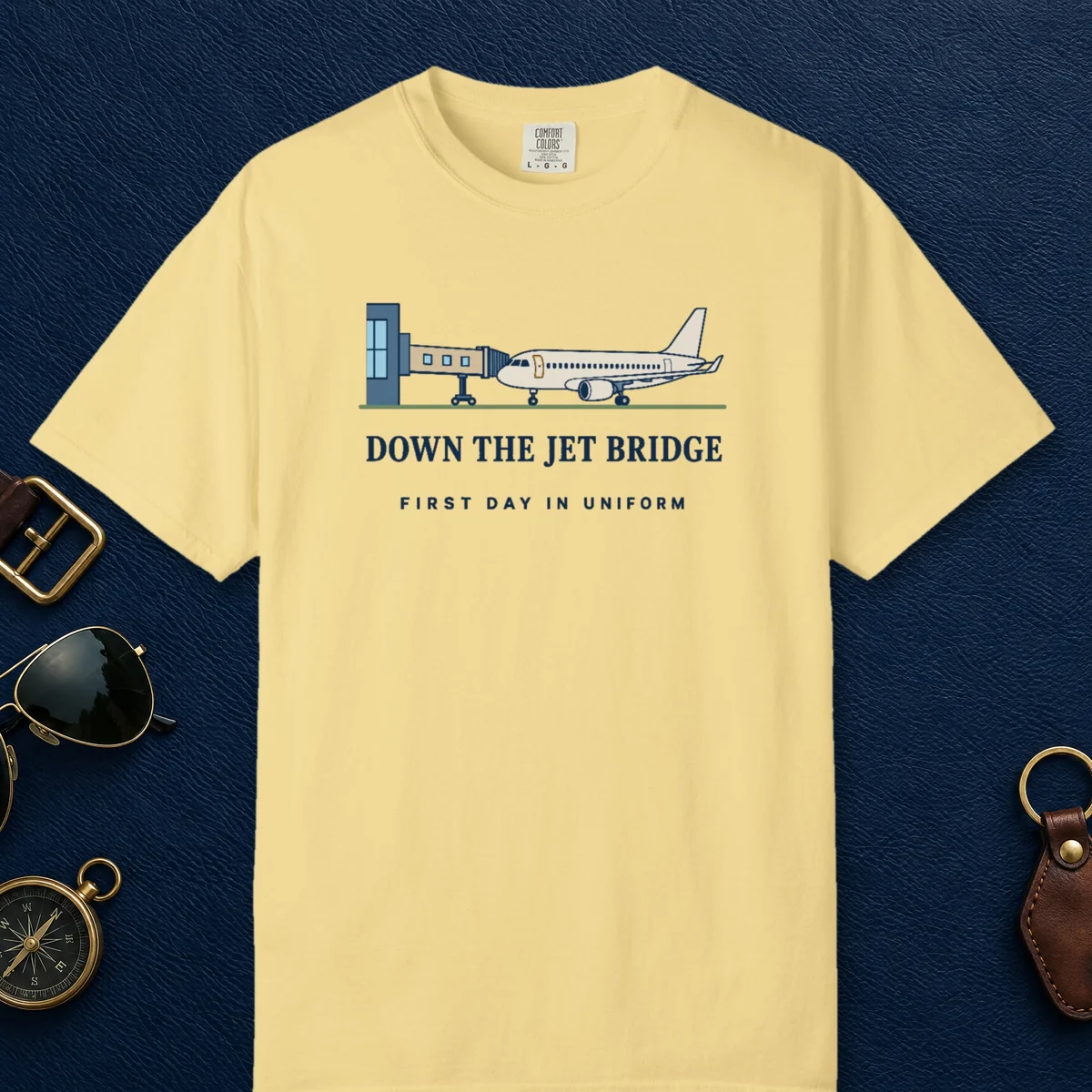 Down the Jet Bridge Tee in Butter, front view