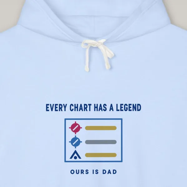 every-chart-has-a-legend-hoodie-hydrangea-chest-v1 Every Chart Has a Legend design on the Comfort Colors 1467 hoodie in Hydrangea, close-up of the print