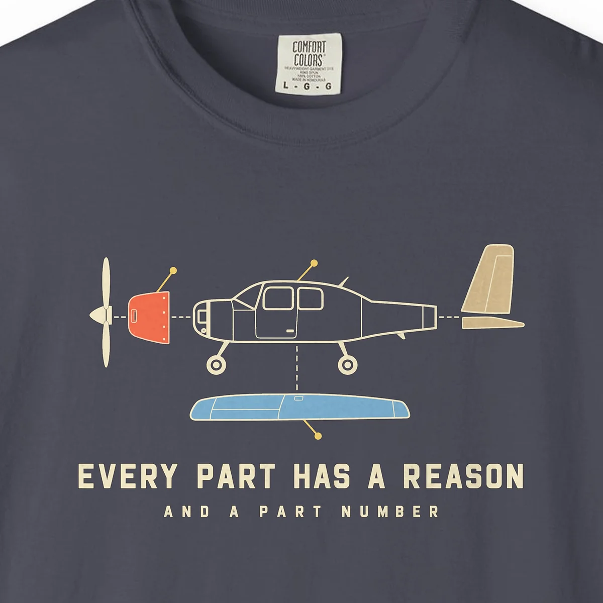 Every Part Has a Reason Tee in Navy, close-up