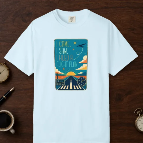 filed-a-flight-plan-poster-tee-chambray-front Filed a Flight Plan Poster Tee in Chambray, front view