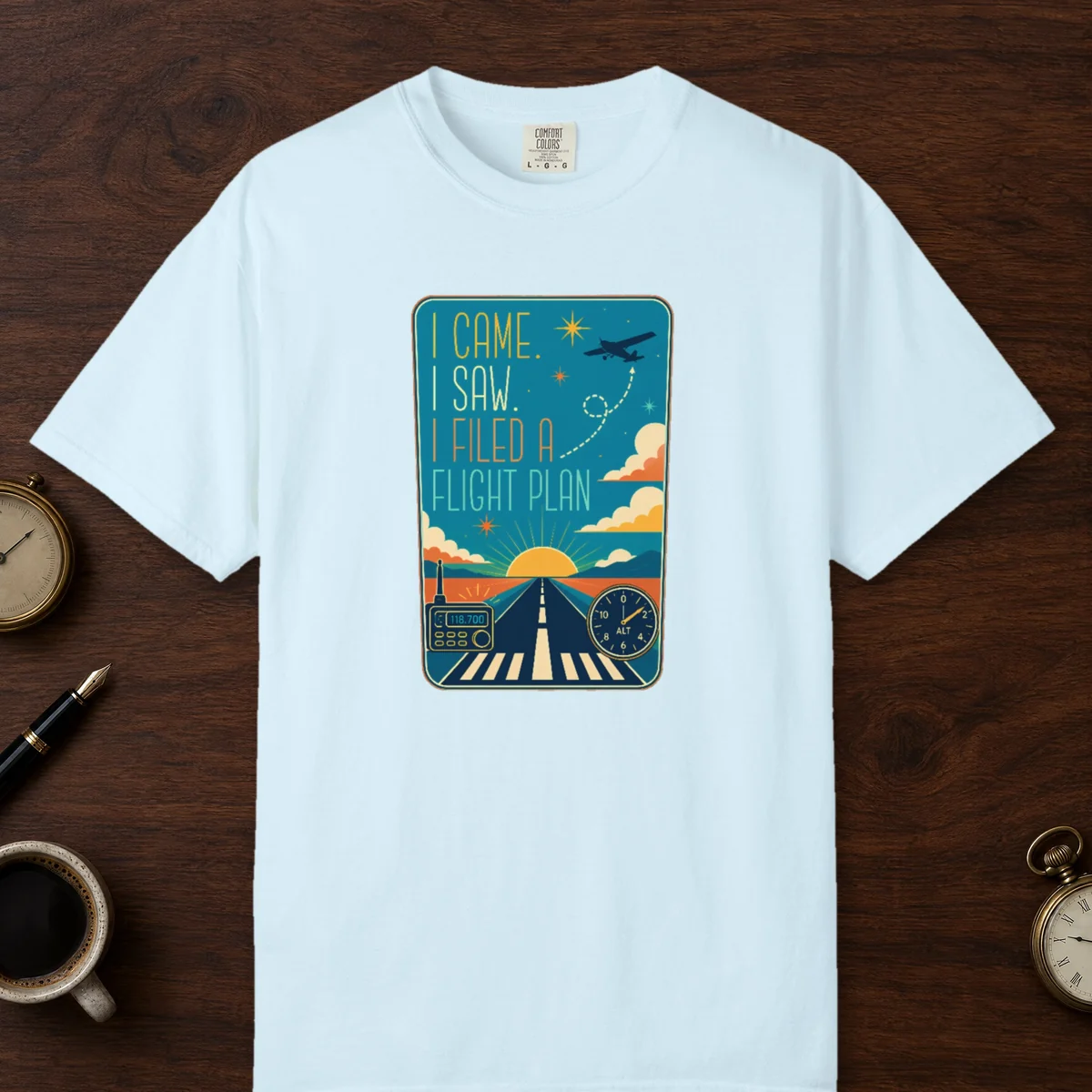 Filed a Flight Plan Poster Tee in Chambray, front view