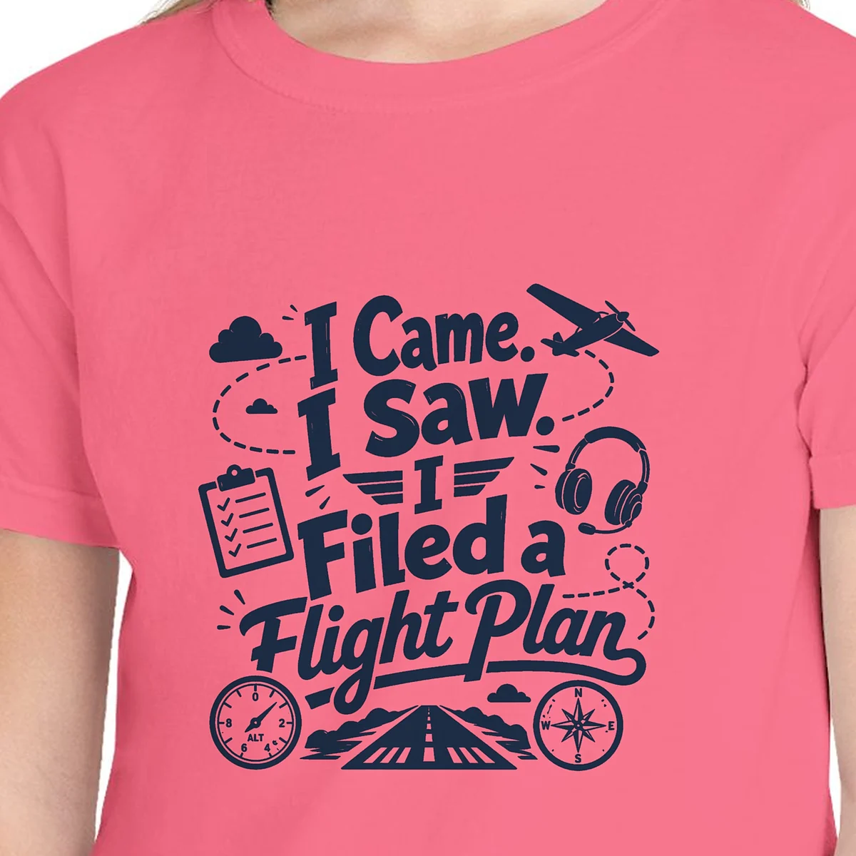 filed-a-flight-plan-script-kids-tee-crunchberry-chest Close-up of the Filed a Flight Plan Script design on the Crunchberry kids tee, Comfort Colors 9018 youth tee, with the neckline