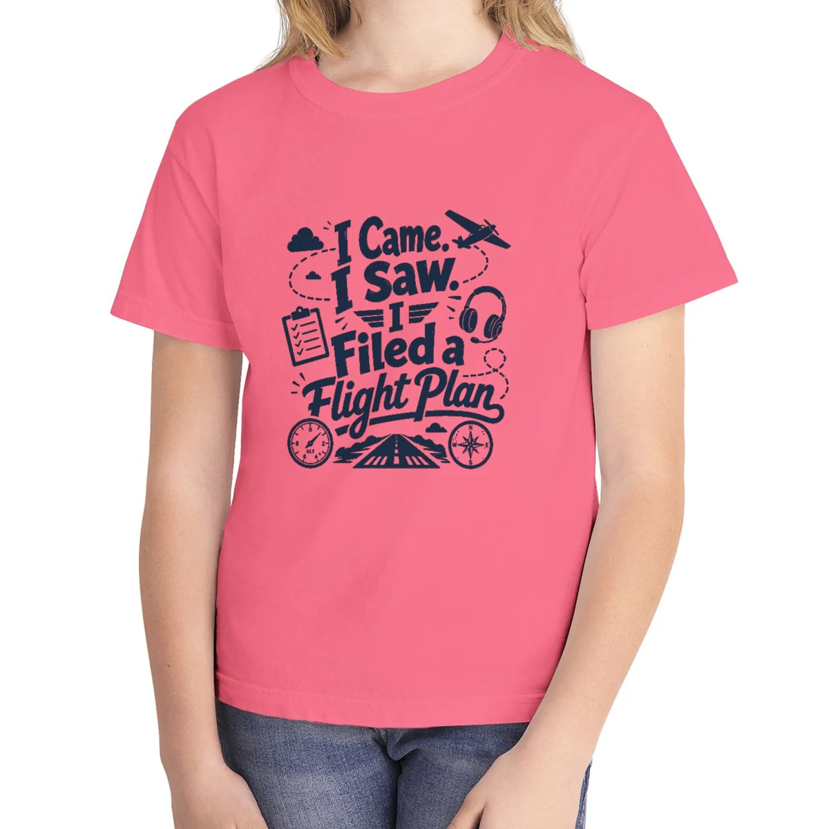 Filed a Flight Plan Script kids tee in Crunchberry, Comfort Colors 9018 youth tee, front view