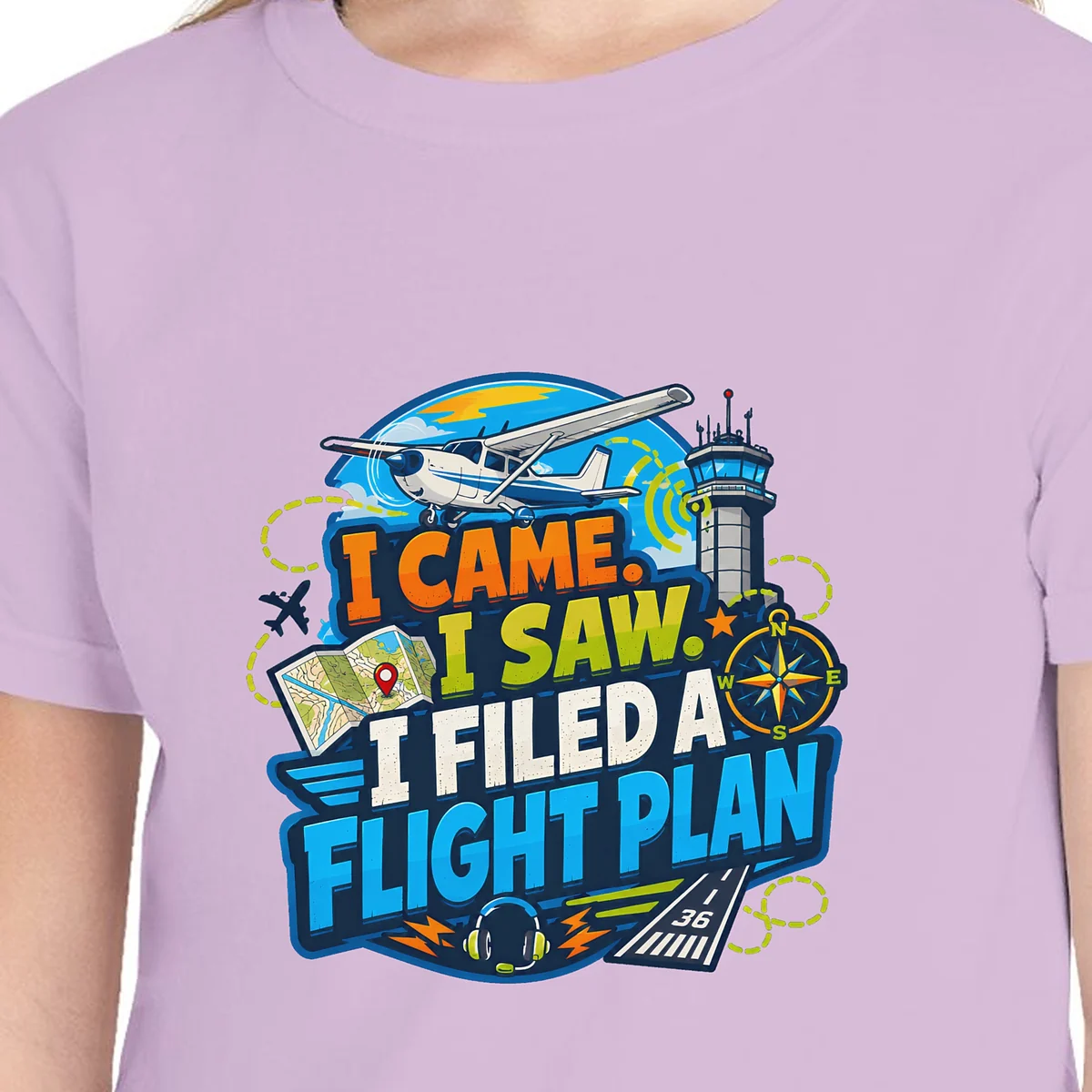 Close-up of the Filed a Flight Plan Tower design on the Orchid kids tee, Comfort Colors 9018 youth tee, with the neckline
