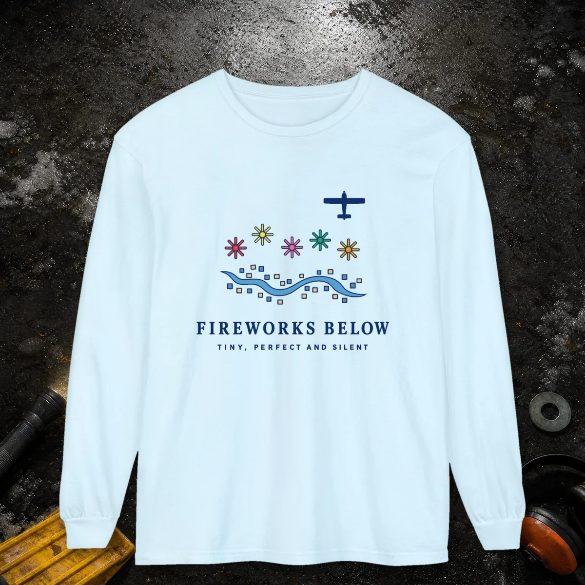 Fireworks Below design on a Chambray Comfort Colors 6014 long-sleeve tee, front view