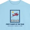 Close-up of the First Flight of the Year design printed on a Chambray Comfort Colors 1566 sweatshirt, with the ribbed collar