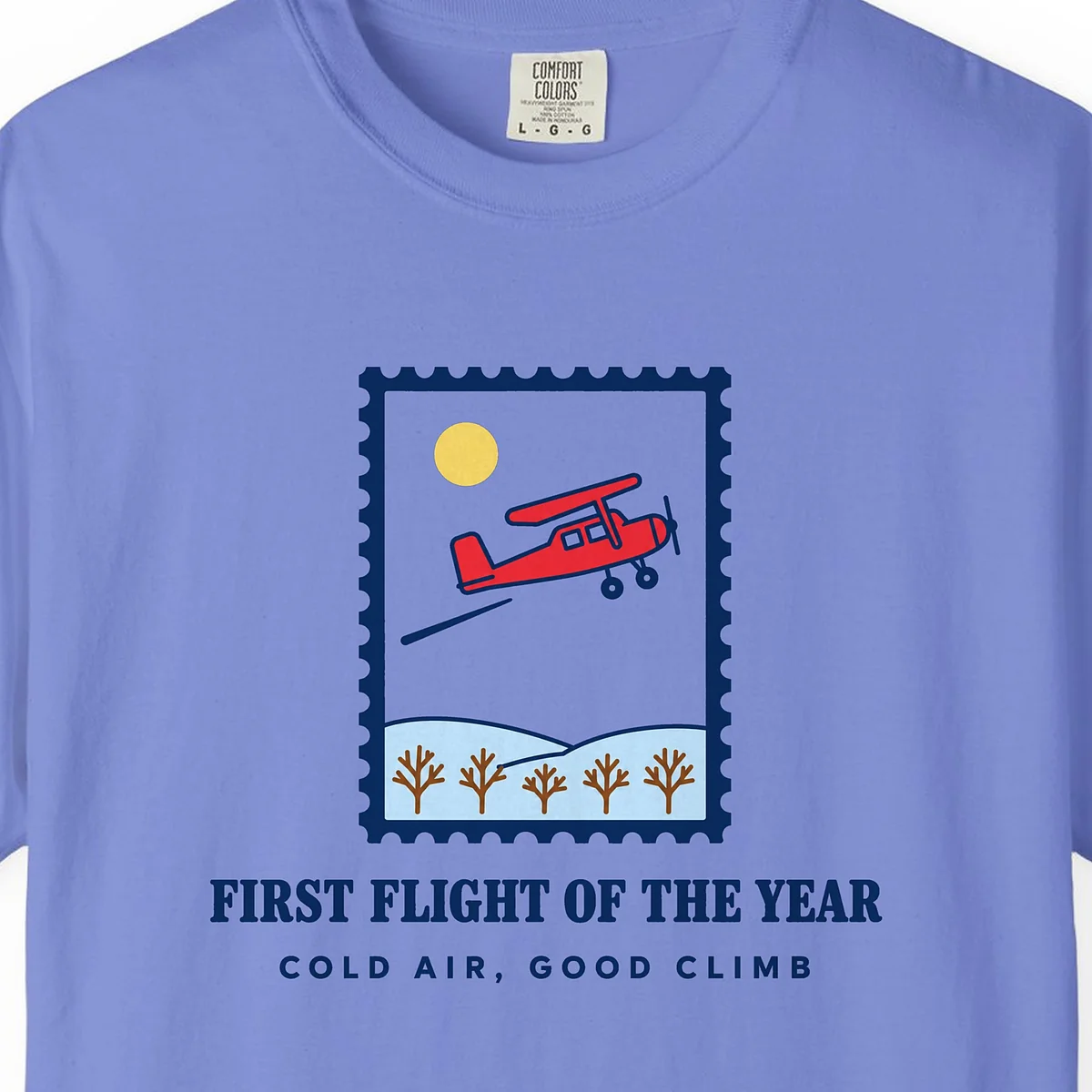 First Flight of the Year Tee in Flo Blue, close-up