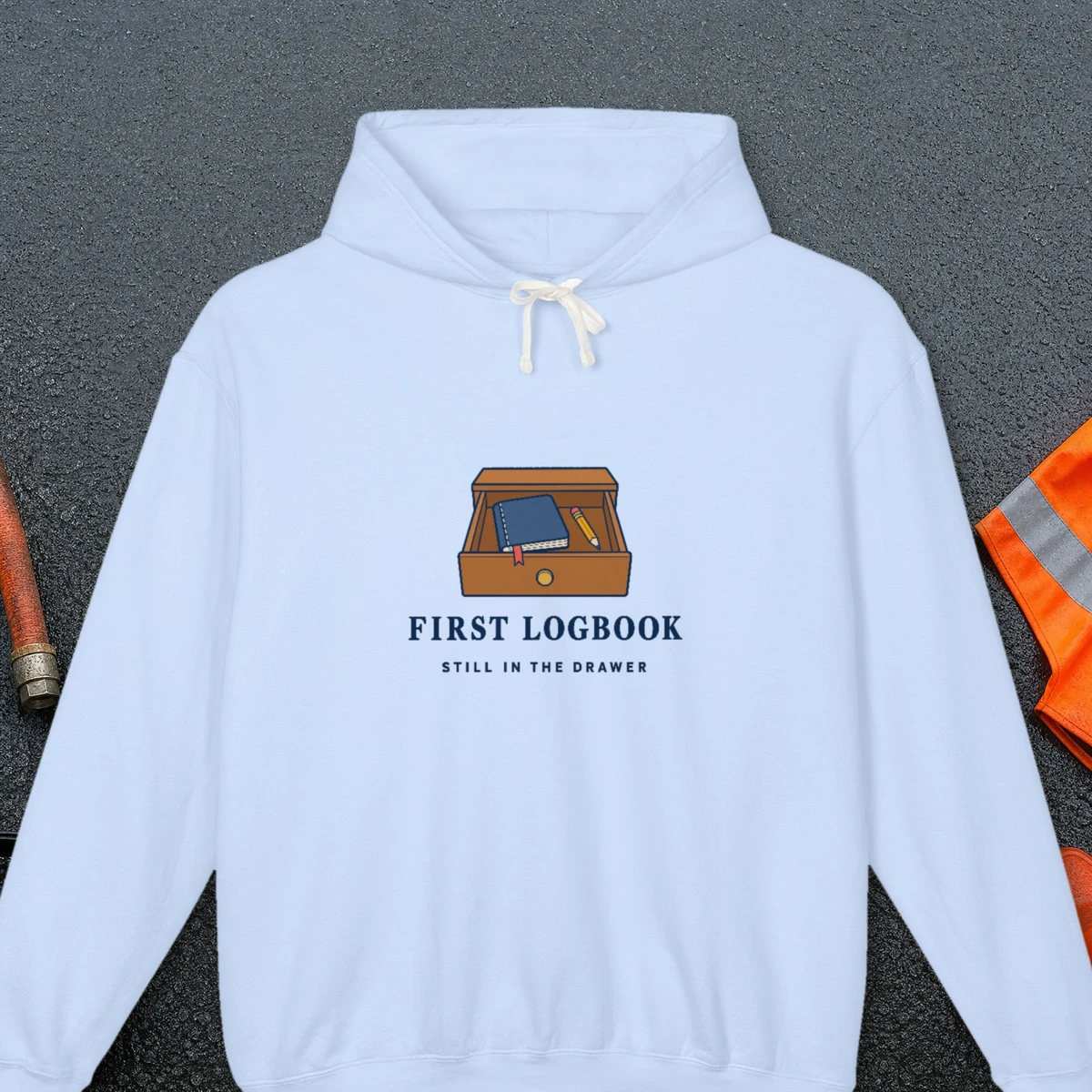 First Logbook design on the Comfort Colors 1467 hoodie in Hydrangea, front view